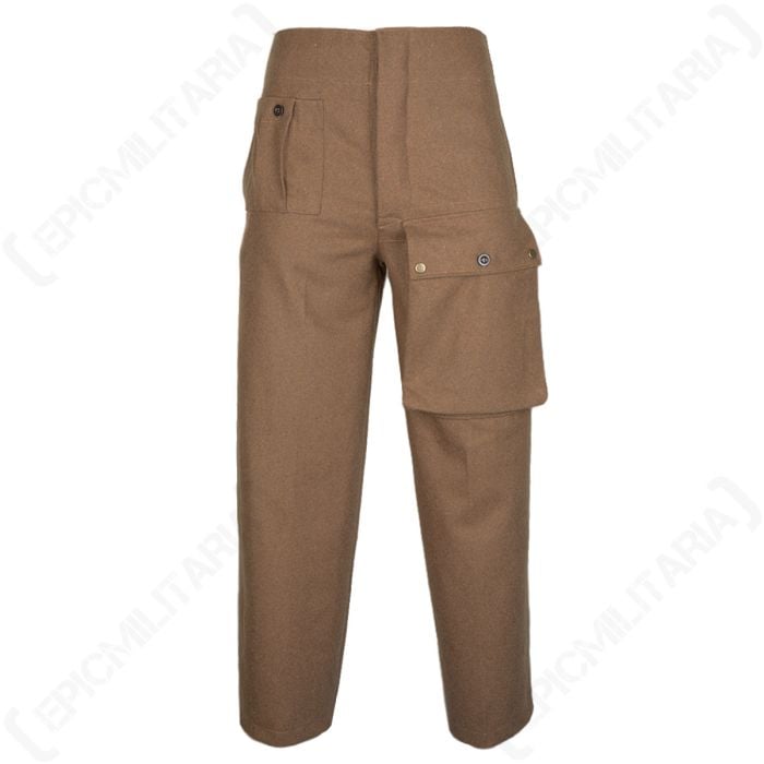 WW2 British Parachute trousers - front view, showing distinctive pockets and buttons.