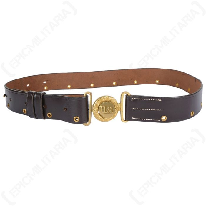 Front view of buckled up dark brown leather belt with gold buckle, with US in the centre of the buckle and a wreath around it