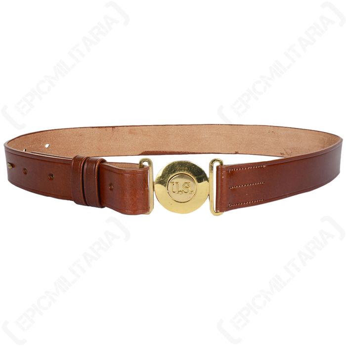 Front view of buckled up brown leather belt with gold buckle. The buckle has US in the centre.