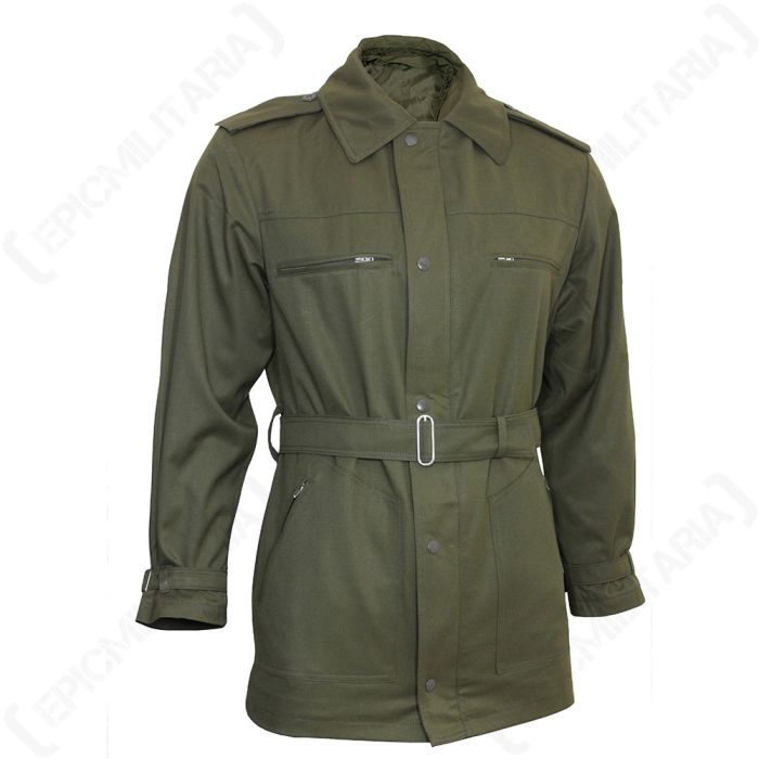 Front view of Czech Olive Green Field Coat, with matching green belt around the waist, two zip-close chest pockets, two zip-close waist slash pockets, fold-down collar, epaulettes, and dark grey popper-style buttons down the front, on a white background