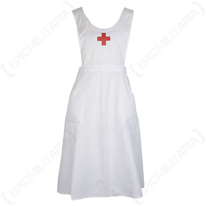 Front view of white nurse pinafore with red cross in the middle of the chest