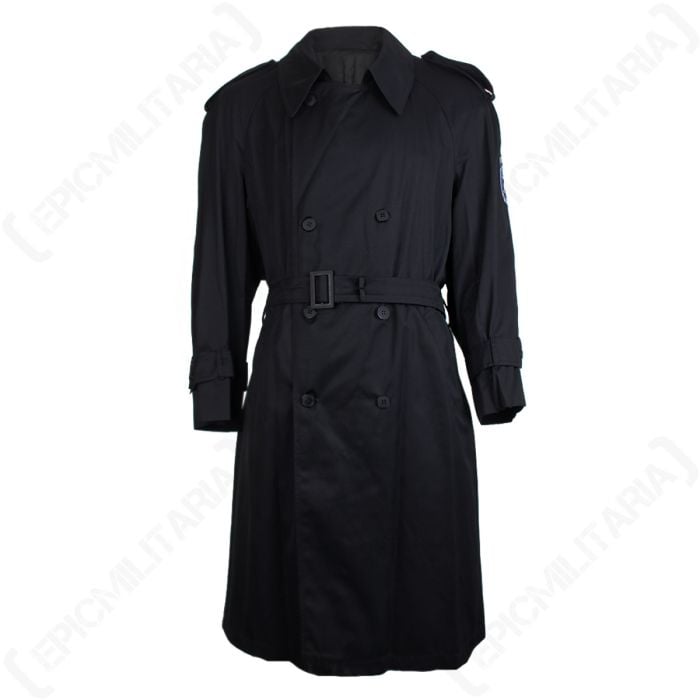 Front view of black mackintosh type coat with 4 rows of 2 buttons running down the front, and a belt around the waist