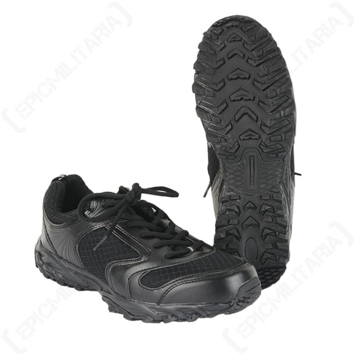 Side view of black sports trainers with black laces
