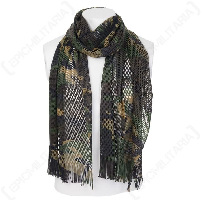 Front view of white mannequin wearing a net green and brown camouflage scarf