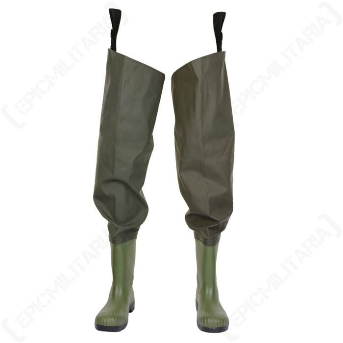 Front view of pair of olive drab waders