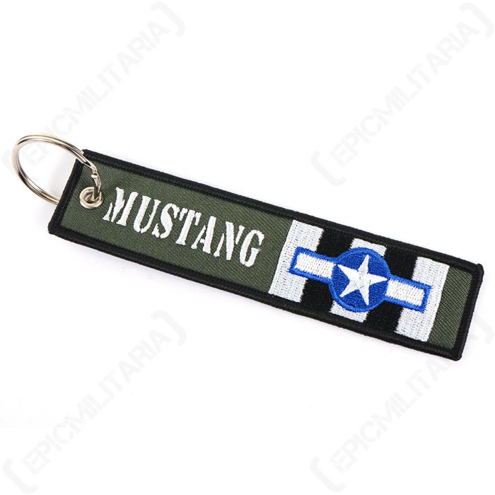 Olive green embroidered keyring with 'Mustang' in white, and the Allied Star on the second half of the keyring with black and white stripes behind it