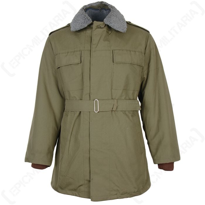 Front view of olive green parka jacket with waist belt and grey collar, two chest pockets, on a white background