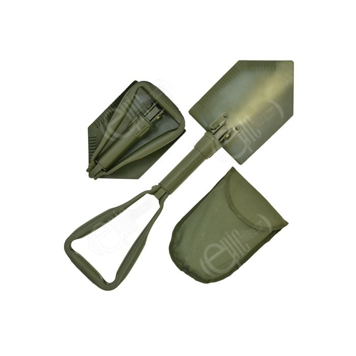 NAto style folding shovel shown as fully open, fully folded and shows the included carrying case