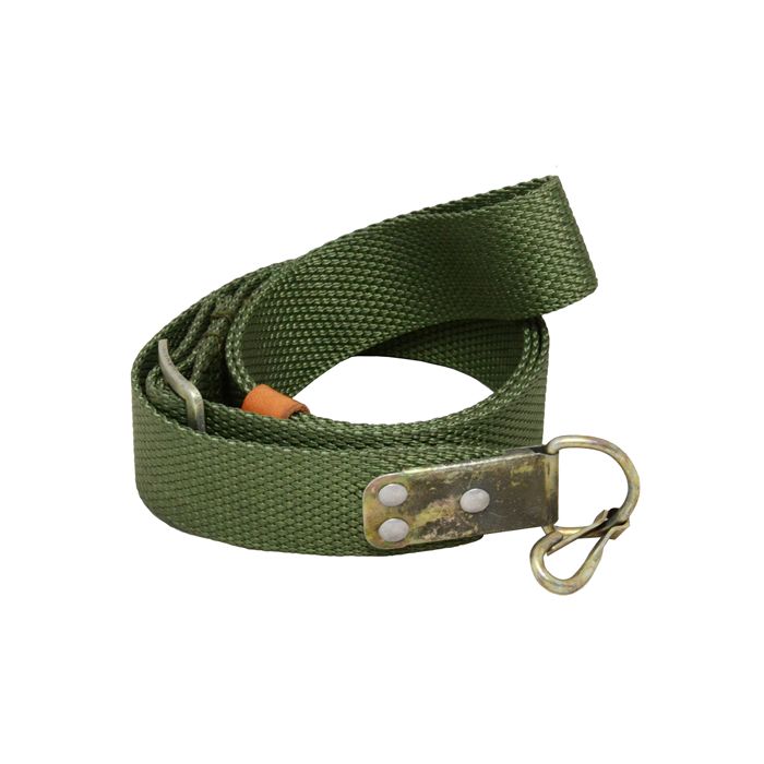 Front view of rolled up olive green canvs Green AK47 Webbing Sling witj ,eta; D ring and hook on the end