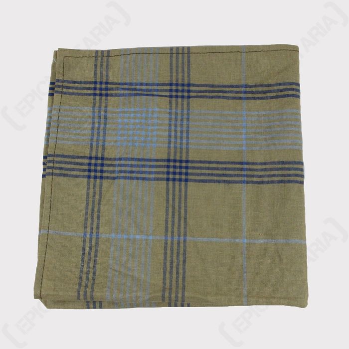 Folded up green handkerchief with dark and light blue line detail