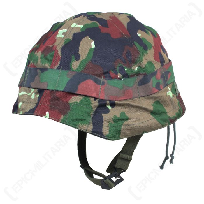 Front view of Original Swiss Army M71 Helmet Cover with green chinstrap