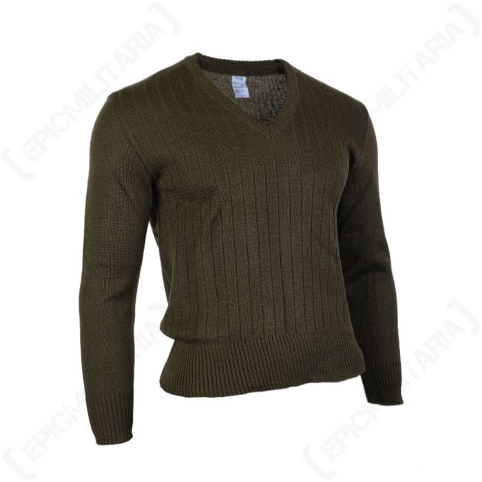 Side view of dark green V-Neck sweater