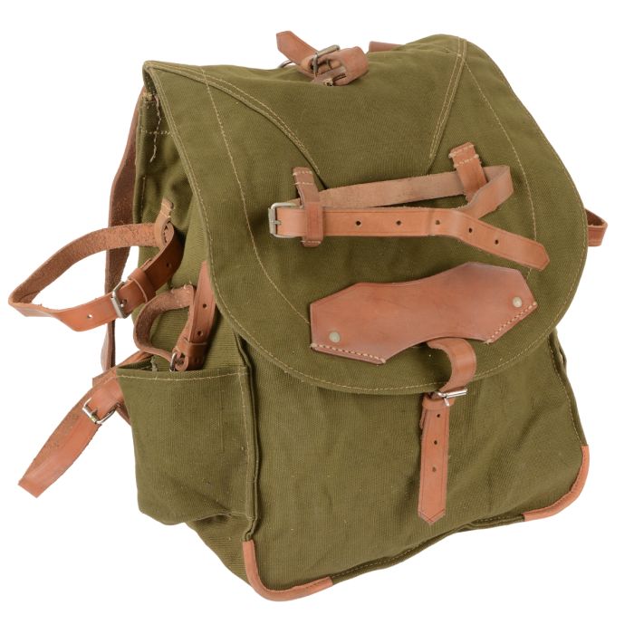This image shows the front of the Original Romanian Army Rucksack with Leather Straps - Olive - Grade 1
