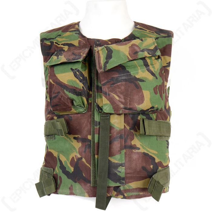 Front view of camouflage vest with olive green straps and two front pouches on the chest
