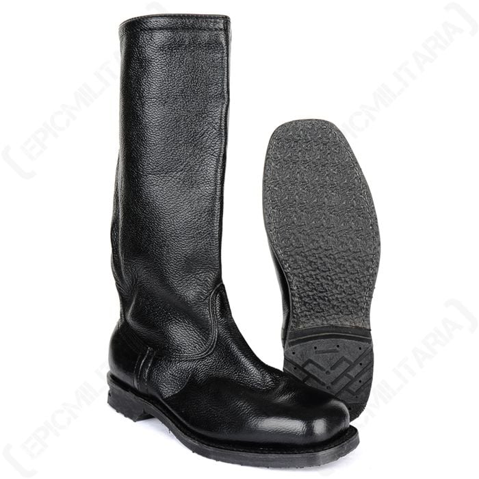 Side view of pair of black leather jack boots