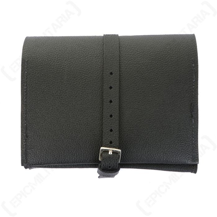 Front view of a WW2 German Soldier Wallet - Black on a white background. Showcasing the buckle enclosure.
