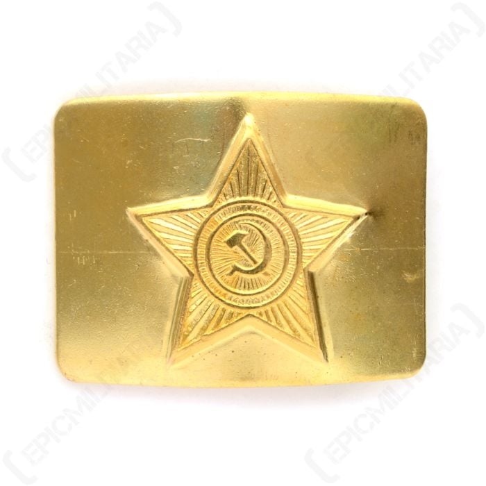Front view of rectangular, gold coloured belt buckle with Soviet Star in the centre, with Hammer and Sickle in the middle of the star