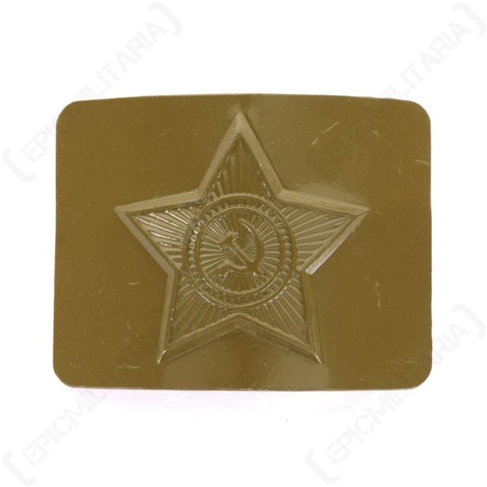 Front view of rectangular, khaki green belt buckle with Soviet Star in the center, and a Hammer and Sickle detail in the middle of the star
