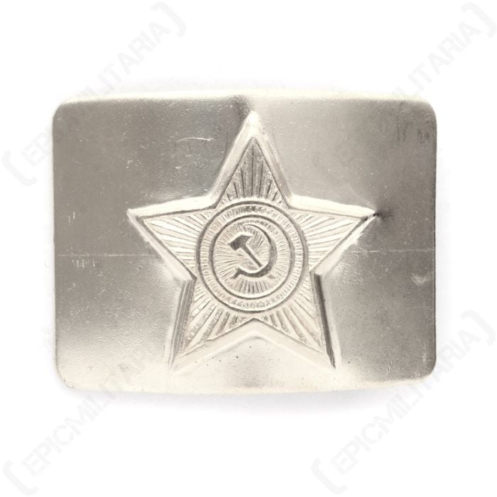 Front view of silver coloured, rectangular belt buckle with Soviet Star in the center, and Hammer and Sickle detail in the middle of the star