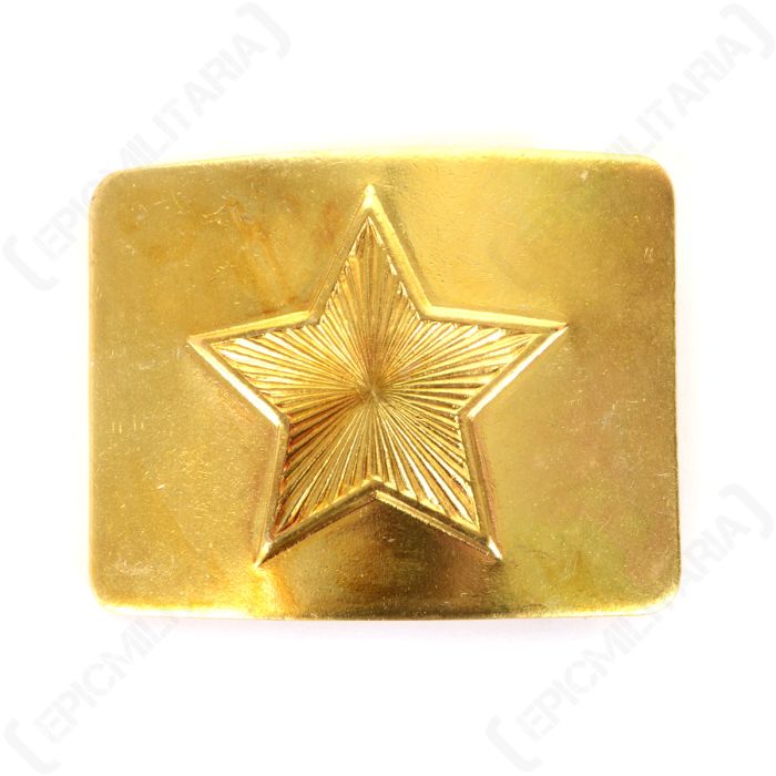 Front view of rectangular, gold coloured belt buckle with star detail in the middle