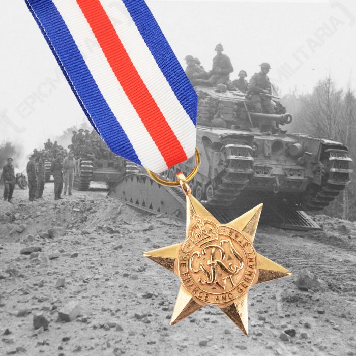 British WW2 France And Germany Gold Coloured Star Medal on white blue and red ribbon