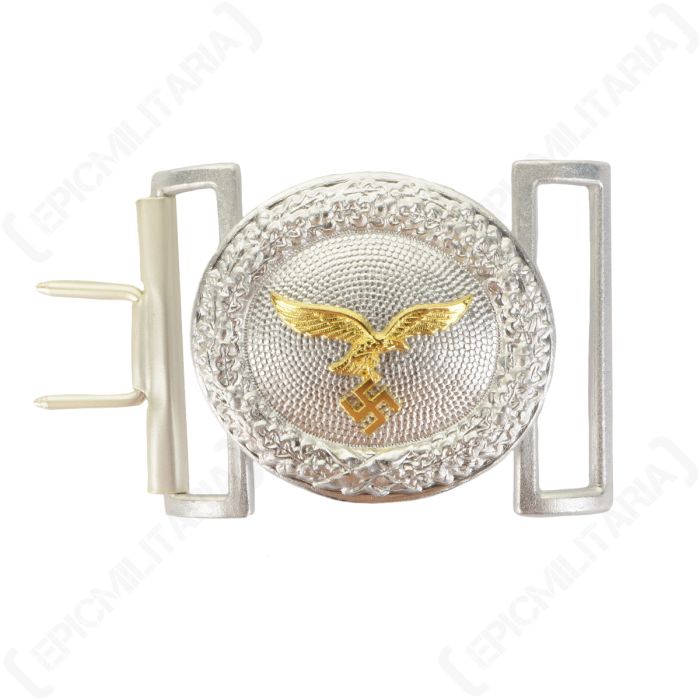 Front view of oval shaped silver belt buckle with golden eagle in the middle