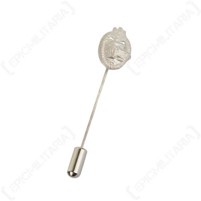 Front of WW2 German Panzer Silver Assault Badge Stickpin featuring a tank surrounded by a wreath