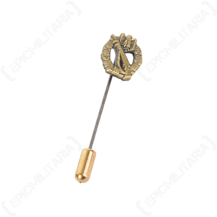 Front of WW2 German Infantry Bronze Assault Badge Stickpin featuring a rifle surrounded by a wreath with an eagle on the top