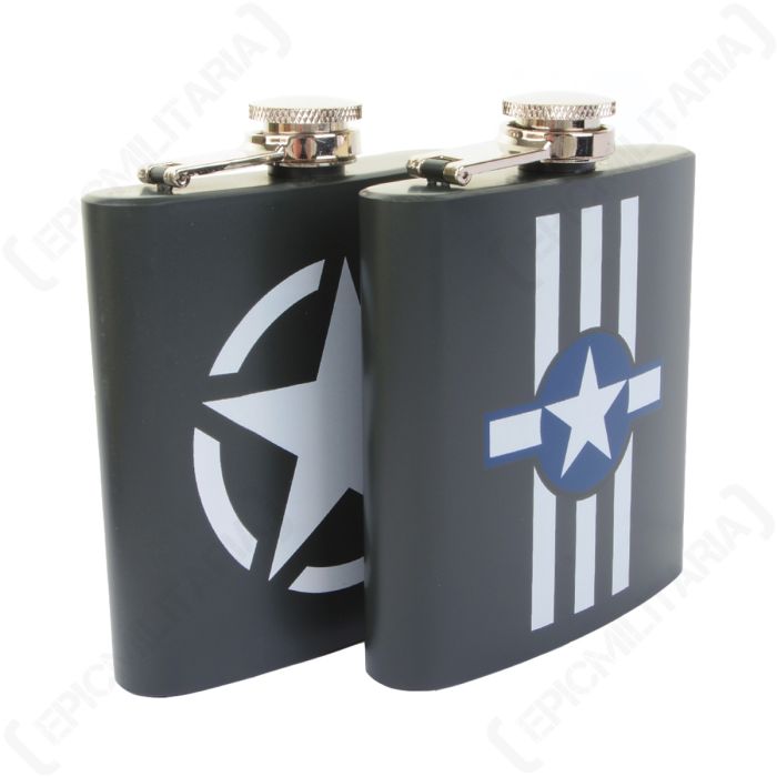 Pair of US military-themed steel hipflasks with black and white finish
