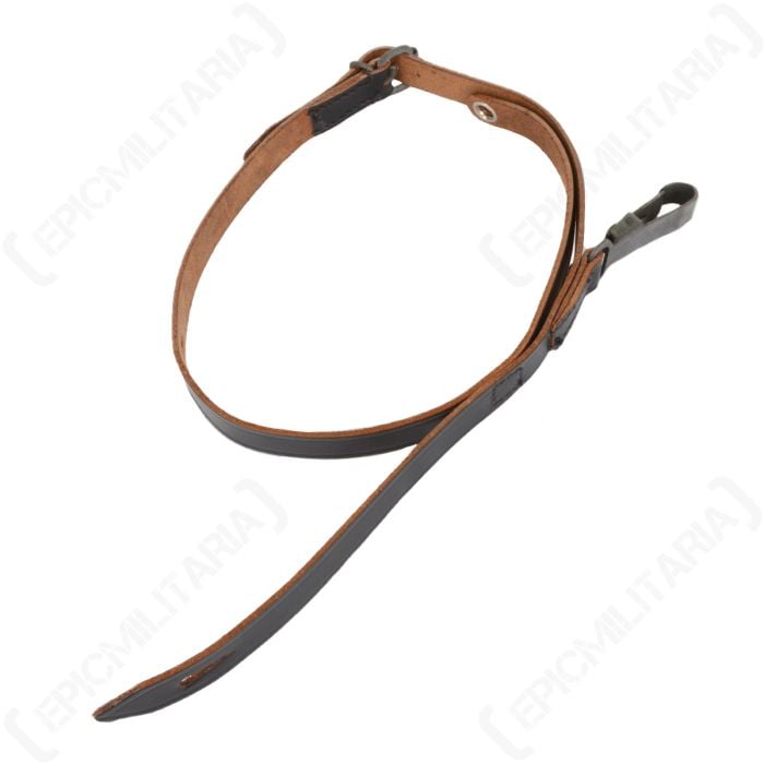 A WW2 German Leather Water Bottle Canteen Strap against a white background. The belt has been looped.