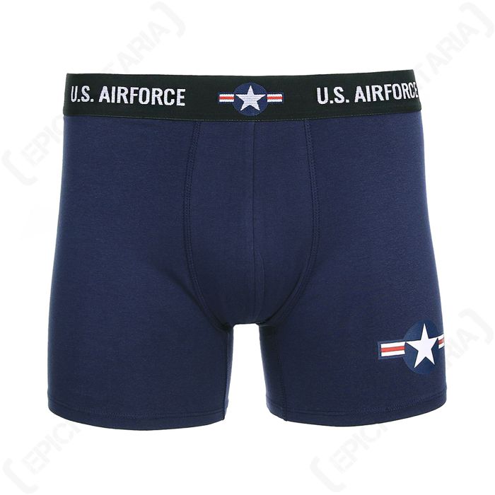 Front of navy blue boxer shorts with black waist band and USAF white star roundel with red and white stripes detail on leg and waistband