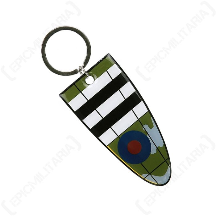 Keyring in shape of a Spitfire wing, green with black and white stripes with blue and red roundel