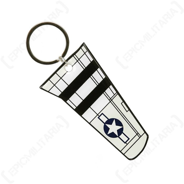 Keying in shape of a whing from a Mustang, white with black detail and blue and white allied star on the top