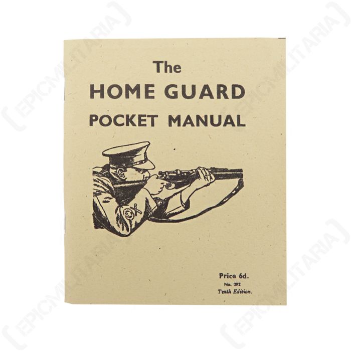 Front view of beige colour WW2 British Home Guard Pocket Manual with dark brown text and illustration 