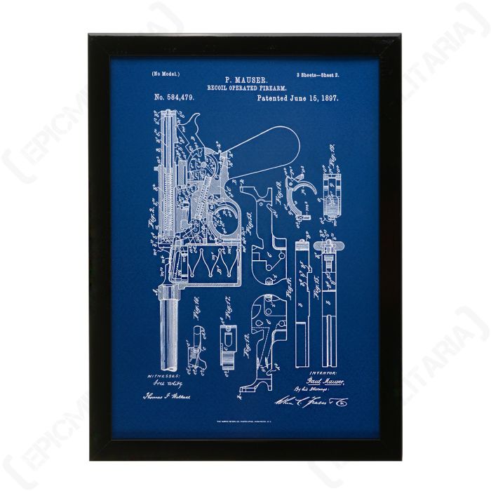 Front view of portrait orientated blueprint of German Mauser Pistol in black frame. White text and illustration of Mauser on blue background.