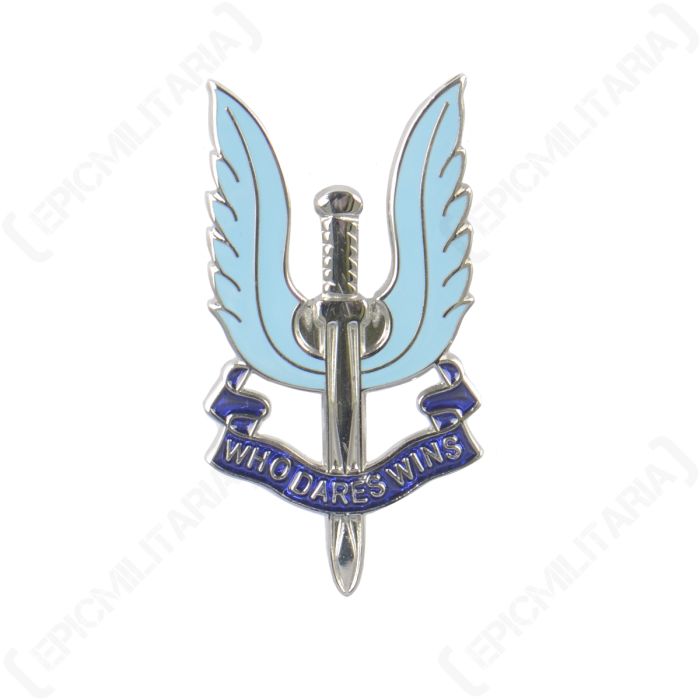 Front view of a British SAS Enamel Badge - Silver, with dagger and motto on fully display.