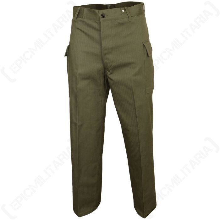 Front view of a pair of WW2 HBT OD7 Trousers