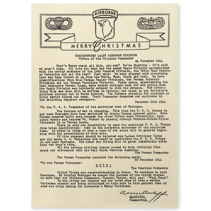 This view shows the front of the 101st Airborne Christmas letter from Gen. McAuliffe.