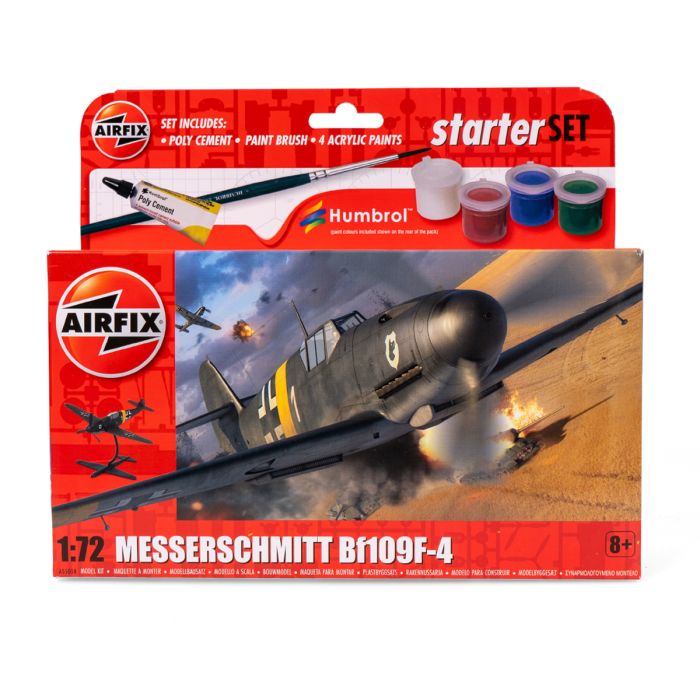 This view shows the packaging of the Airfix Messerschmitt Bf109F-4 Starter Set - Scale 1:72.