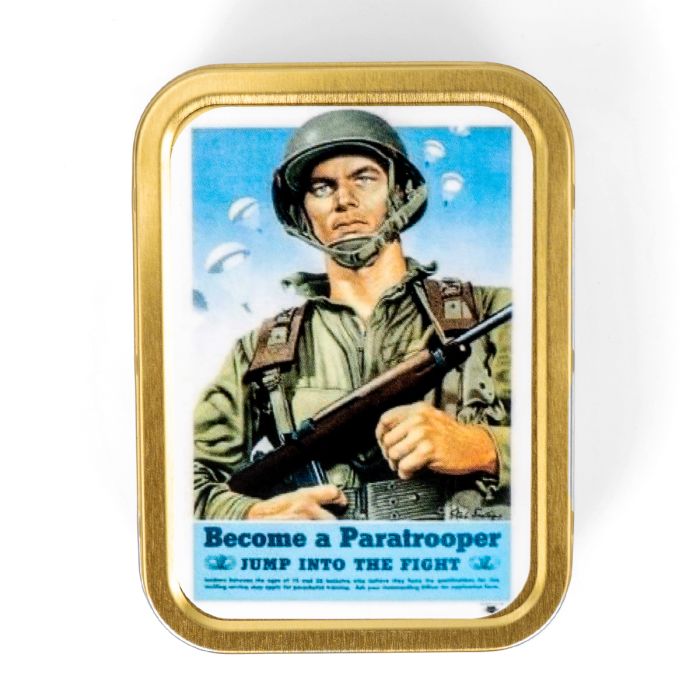 This view shows the front of the Become A Paratrooper Metal Tin