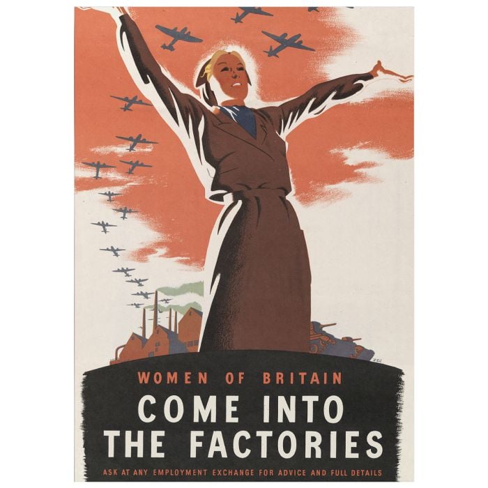 This view shows the front of the "Come into the Factories" - British WW2 Poster .
