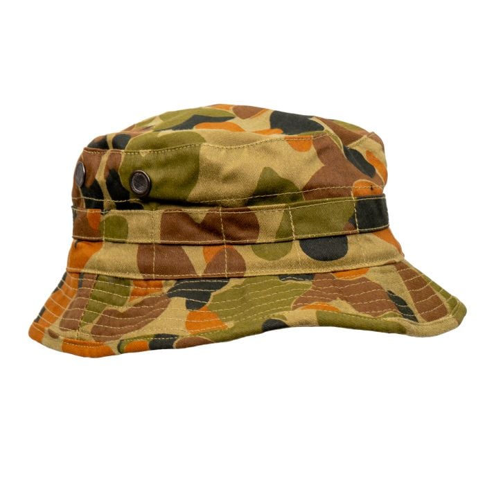 This view shows the Cotton Bucket Hat - Auscam Camo