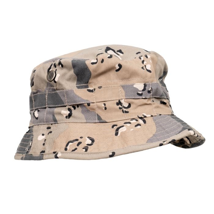 This view shows the Cotton Bucket Hat - Blue Chocolate Chip Camo