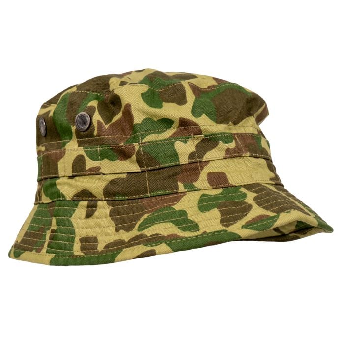 This view shows the front of the Cotton Bucket Hat - US Frog Camo.