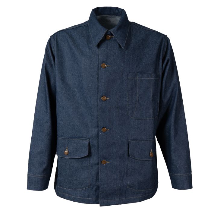 This view shows the front of the 3 pocket chore jacket in blue
