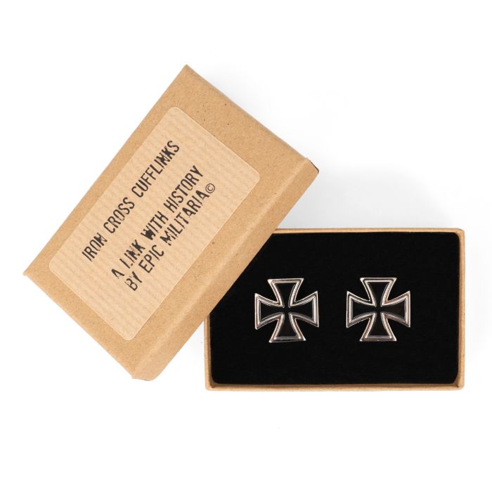 This view shows the front of the German Iron Cross Cufflinks with Box