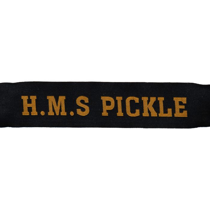 This shows the centre of the HMS Pickle Cap Tally from the front.