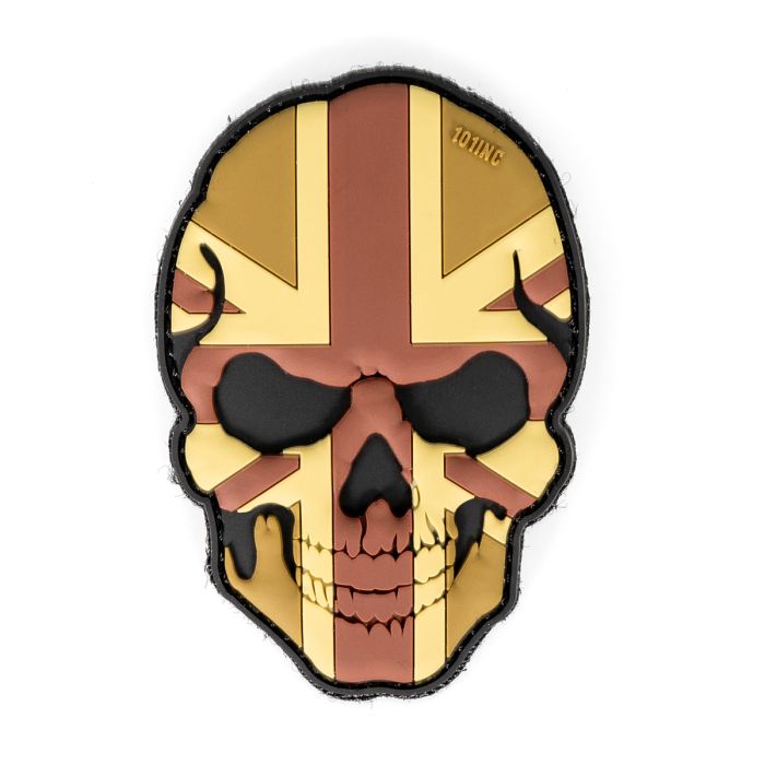 This view shows the front of the Hook & Loop Skull Patch - British Flag Camo