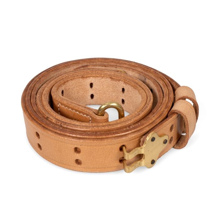 This view shows the M1 Garand Leather Sling Brass Fittings - Light Brown