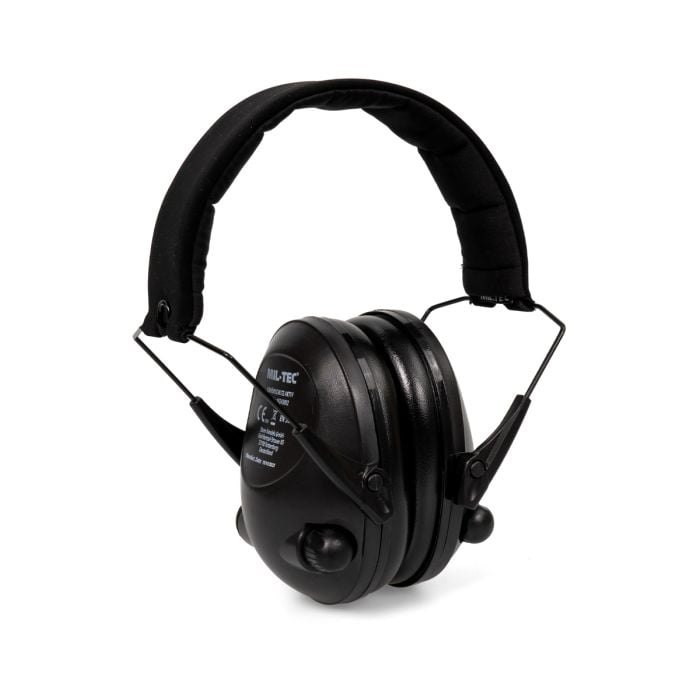 Main image of ear defenders in black showing volume control and headband